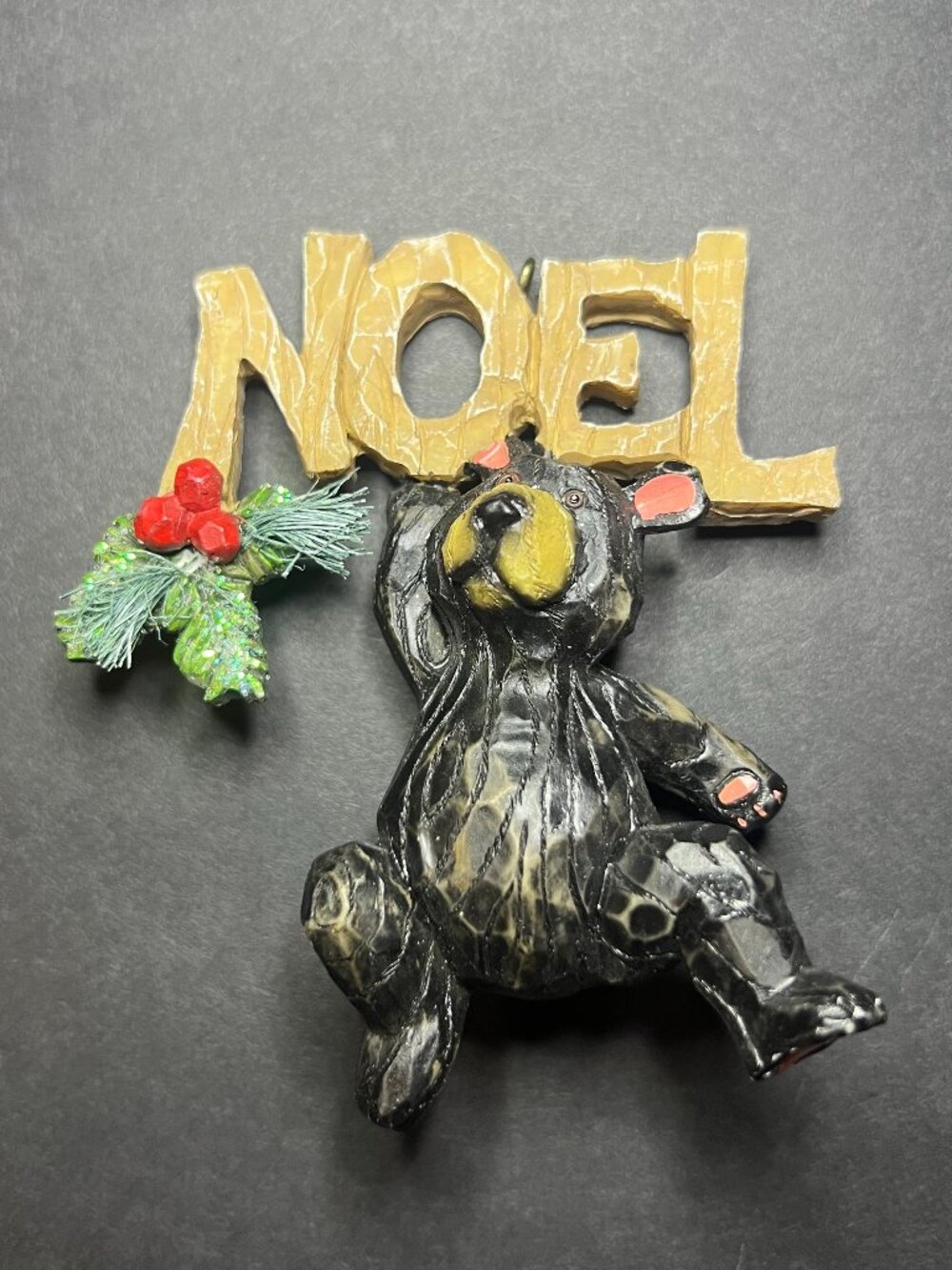 Vintage Rustic Resin NOEL Hanging Black Bear Christmas Ornament 4 x 3.5"